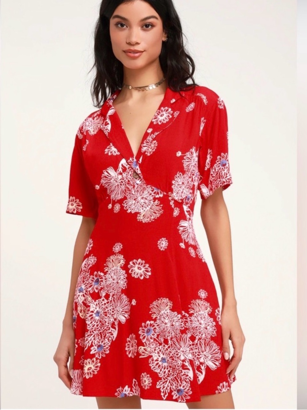 Free People Blue Hawaii Red Floral Print Mini Dress S